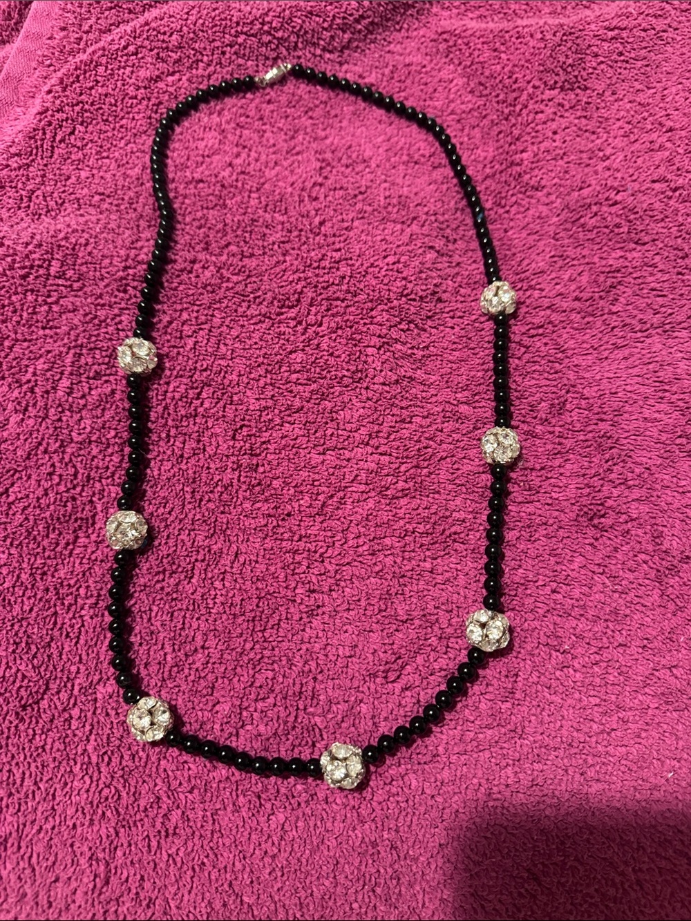 Black Beaded Necklace with Crystal Flower Accents